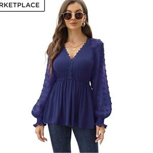 Chic Navy Women's Blouse with Lace Trim